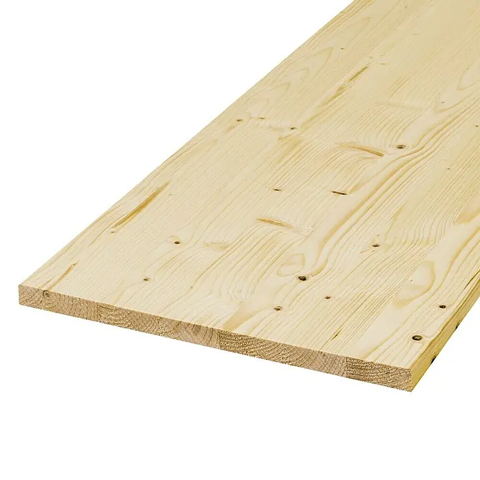 Exclusivholz Leimholzplatte - Fichte, Qualitätsstufe Leimholzplatte: A/B, 2.000 x 600 x 28 mm - Helle Holzplatte mit Maserung. Das Holzstück hat eine natürliche Farbe und zeigt eine deutliche Holzmaserung und Astlöcher.