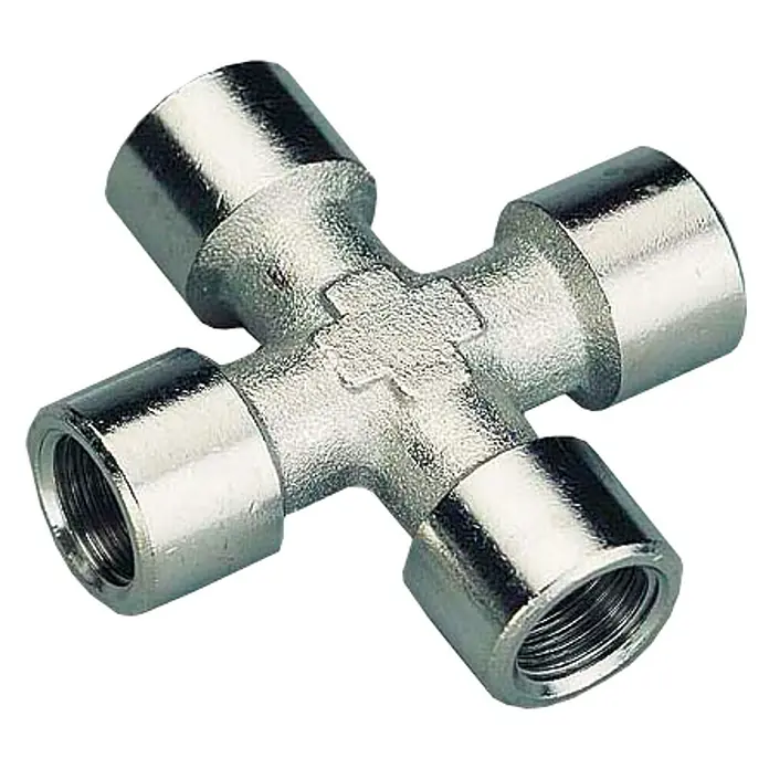 MPC Racor de conexión X hembra - ⅜″ - Racord de cruz de latón con cuatro roscas hembra para tuberías, superficie brillante y fabricación precisa.
