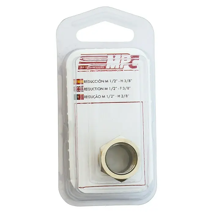 MPC Reductor - ½ - ¹⁄₈″ - Imagen de un reductor para compresor de aire MPC M 1/2" - H 3/8" presentado en un embalaje de plástico transparente.