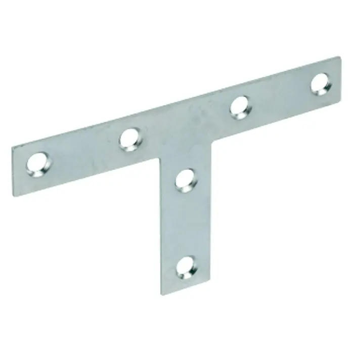 Stabilit Stuhlwinkel - L x B: 70 x 36 mm, Silber, Stahl - Ein T-förmiger, silberfarbener Beschlag mit mehreren Löchern zur Befestigung an Holz oder anderen Materialien für stabile Verbindungen.