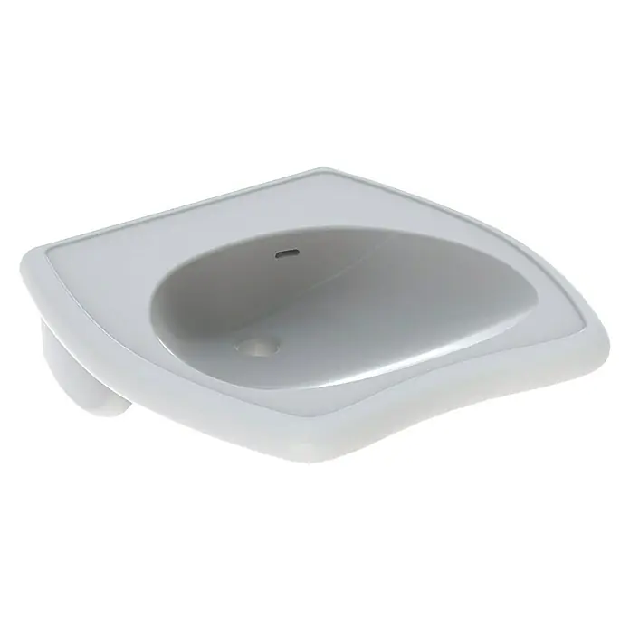 Geberit Vitalis Waschtisch - 65 x 60 cm, Ohne Spezialglasur, Hahnloch: Ohne, Mit Überlauf, Weiß - Eine moderne, weiße Wandwaschbecken-Ansicht, ideal für stilvolle Badezimmer mit seinem minimalistischen Design und glatten Linien.