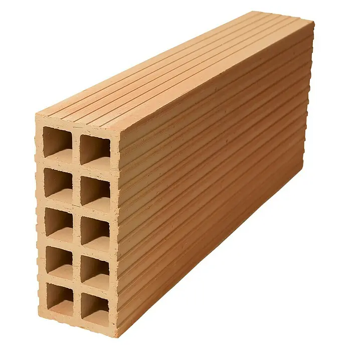 BHS Mallorca Ladrillo hueco Súper H-6 - 8 x 33 cm, Rojo - Un ladrillo oblongo de color terracota con varios agujeros en un extremo, ideal para proyectos de construcción que requieren estabilidad y aislamiento térmico.