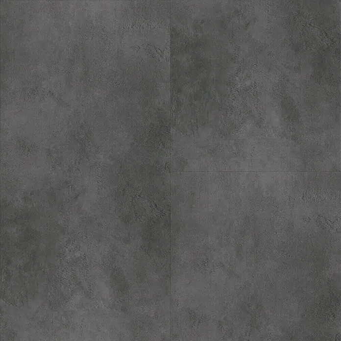 Vinylboden Strong SPC - Travertin Cannstatt, Fliese, 935 x 465 x 6,5 mm - Nahaufnahme von vier grauen Bodenfliesen mit einer leicht unebenen, steinähnlichen Textur, die ein elegantes und modernes Erscheinungsbild verleihen.