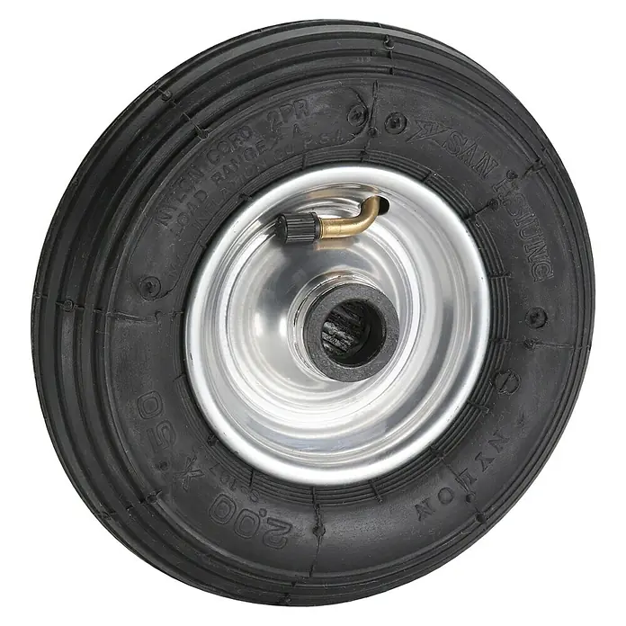 Dörner & Helmer Luftrad - Durchmesser: 200 mm, Traglast: 75 kg, Material Felge: Stahlblech, Nabenlänge: 60 mm - Nahaufnahme eines Rads mit Nylonkordel und silberner Felge vor schwarzem Hintergrund.