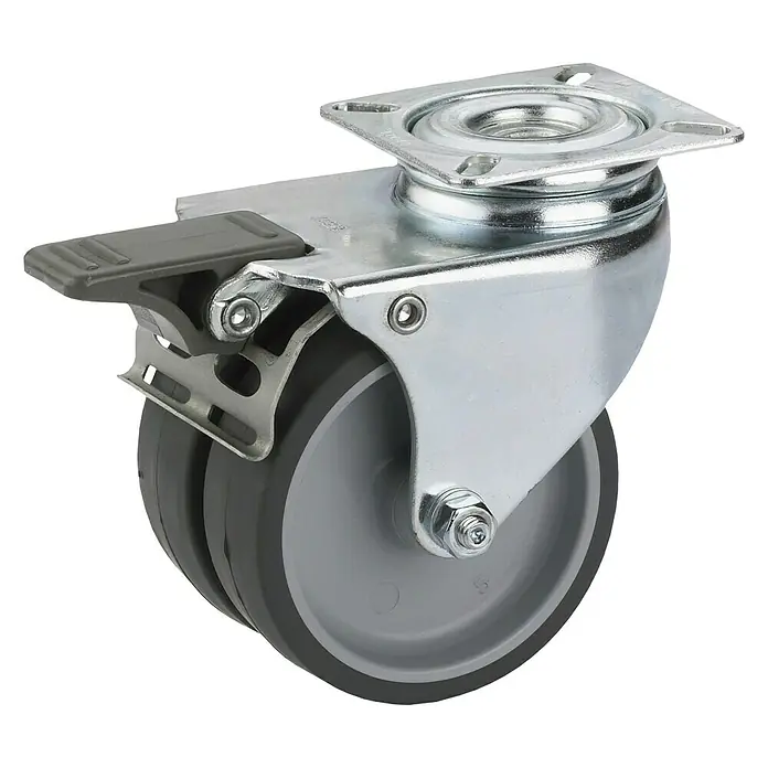 Dörner & Helmer Apparate-Doppelrolle - Durchmesser Rollen: 50 mm, Traglast: 80 kg, Gleitlager, Mit Platte und Feststeller - Eine Lenkrolle mit Bremse, ideal für Möbel oder Geräte, die Flexibilität und sicheren Stand benötigen.