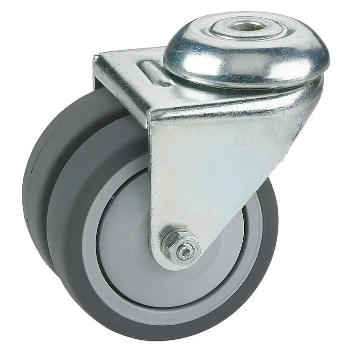 Dörner & Helmer Apparate-Doppelrolle - Durchmesser Rollen: 75 mm, Traglast: 100 kg, Gleitlager, Mit Rückenloch - Lenkrolle mit grauem Rad und verzinkter Halterung, ideal für Möbel und Geräte, die leicht bewegt werden müssen.\n