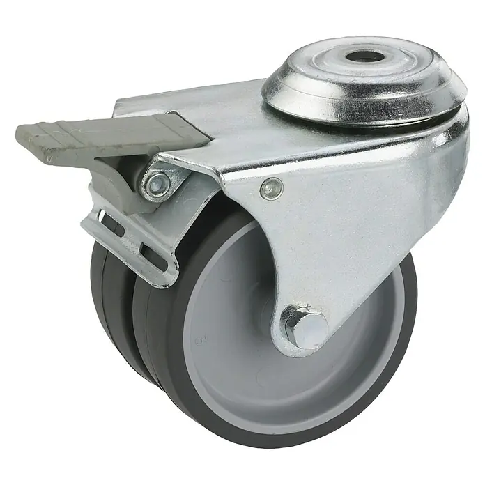 Dörner & Helmer Apparate-Doppelrolle - Durchmesser Rollen: 50 mm, Traglast: 80 kg, Gleitlager, Mit Rückenloch und Feststeller - Detailaufnahme einer Lenkrolle mit Bremse, ideal für Möbel oder Geräte, die Mobilität und Stabilität erfordern.