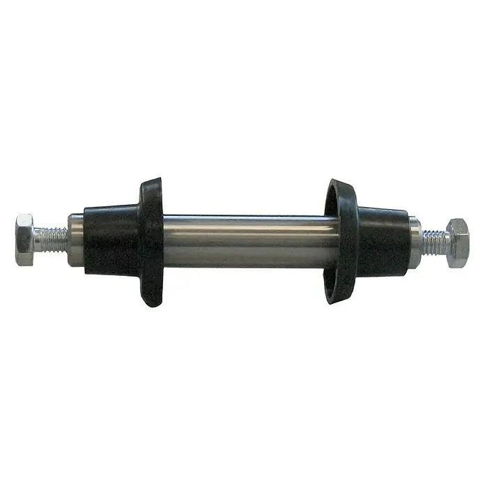 Dörner & Helmer Achszubehör - Nabenlänge: 75 mm, Bohrung: 20 mm - Nahaufnahme einer Gleitwelle mit Sicherungsmuttern und Gleitlagern zur mechanischen Kraftübertragung.
