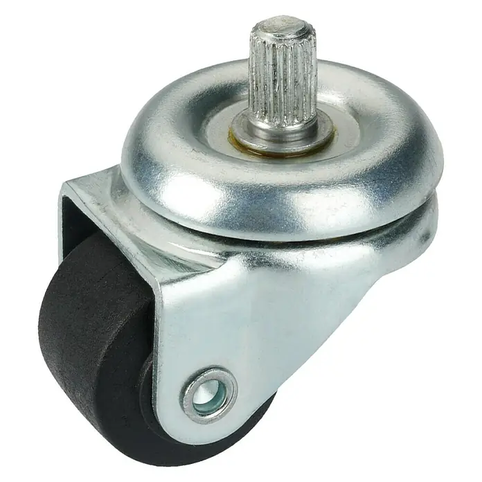 Dörner & Helmer Möbel-Lenkrolle - Durchmesser: 20 mm, Traglast: 45 kg, Gleitlager, Mit Riffelstift - Nahaufnahme einer Möbelrolle mit Metallgehäuse und schwarzem Rad, geeignet für verschiedene Möbelstücke.