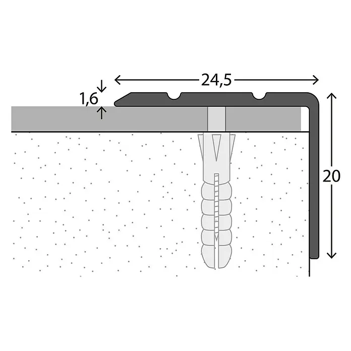 LOGOCLIC Winkelprofil 162 - Edelstahl matt, 1 m x 24,5 mm x 20 mm, Montageart: Schrauben - Skizze eines Kantenschutzprofils mit Maßangaben 24,5 mm Breite und 20 mm Höhe, befestigt mit Dübeln. Ideal zum Schutz von Kanten.
