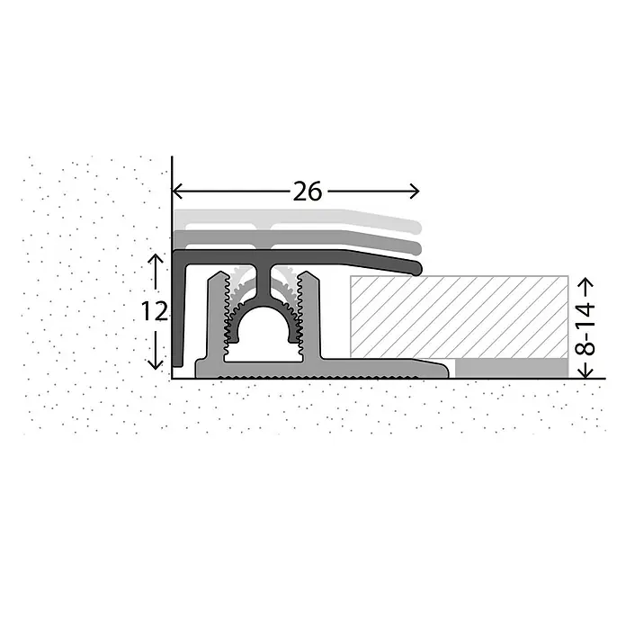 LOGOCLIC Abschlussprofil 313 - Sahara, 0,9 m x 26 mm, Montageart: Stecken - Technische Zeichnung eines Übergangsprofils mit Maßangaben für Bodenbeläge.