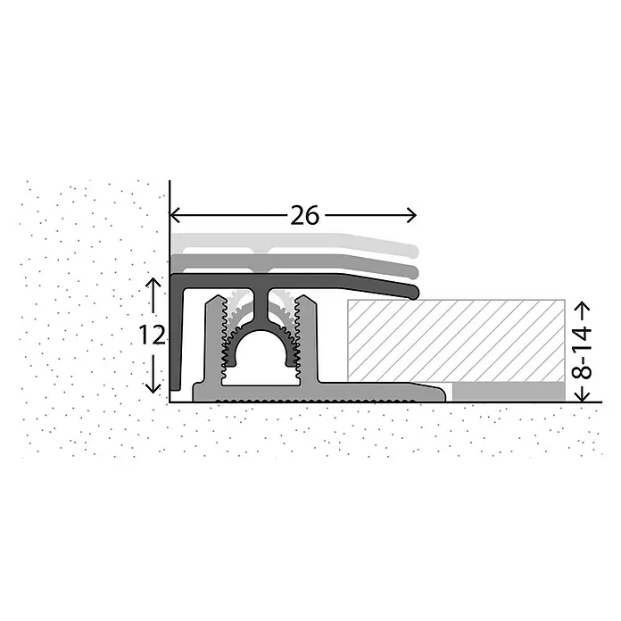 LOGOCLIC Abschlussprofil 313 - Aluminium gebürstet, 0,9 m x 26 mm, Montageart: Stecken - Detailzeichnung eines Übergangsprofils mit den Maßen 26 mm Breite und 12 mm Höhe, geeignet für Bodenbeläge von 8-14 mm.