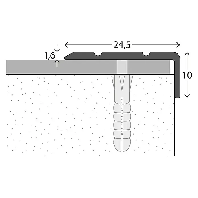 LOGOCLIC Winkelprofil 160 - Edelstahl matt, 1 m x 24,5 mm x 10 mm, Montageart: Schrauben - Bild einer Kantenschutzprofil-Zeichnung mit Maßangaben. Das Profil ist grau und wird mit einem Dübel befestigt.