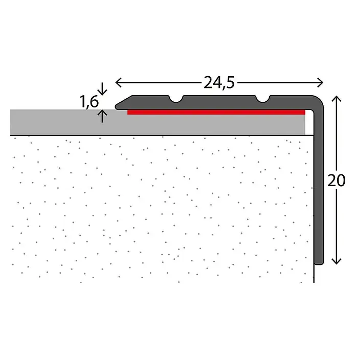 LOGOCLIC Winkelprofil 162 - Edelstahl matt, 1 m x 24,5 mm x 20 mm, Montageart: Kleben - Abbildung eines Treppenkantenprofils mit den Maßen 24,5 mm Breite und 20 mm Höhe. Das Profil ist grau und liegt auf einer grauen Oberfläche.