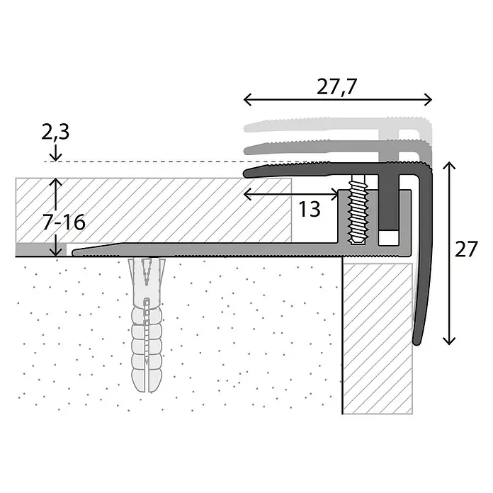 LOGOCLIC Treppenkantenprofil 229 - Edelstahl matt, 1 m x 27,7 mm x 27 mm, Montageart: Schrauben - Detailaufnahme eines Profils mit Maßen für Bodenbeläge, das die Installation und Abmessungen verdeutlicht.