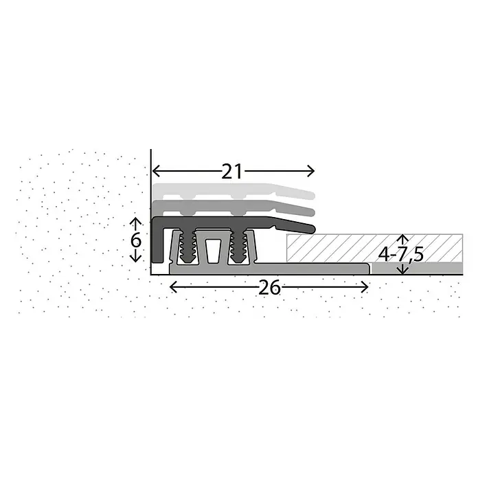 LOGOCLIC Abschlussprofil 324 - Silber, 0,9 m x 21 mm, Montageart: Stecken - Schemazeichnung eines Übergangsprofils mit den Maßen 21 mm Breite, 6 mm Höhe und einer Anpassung von 4-7,5 mm auf 26 mm Länge.