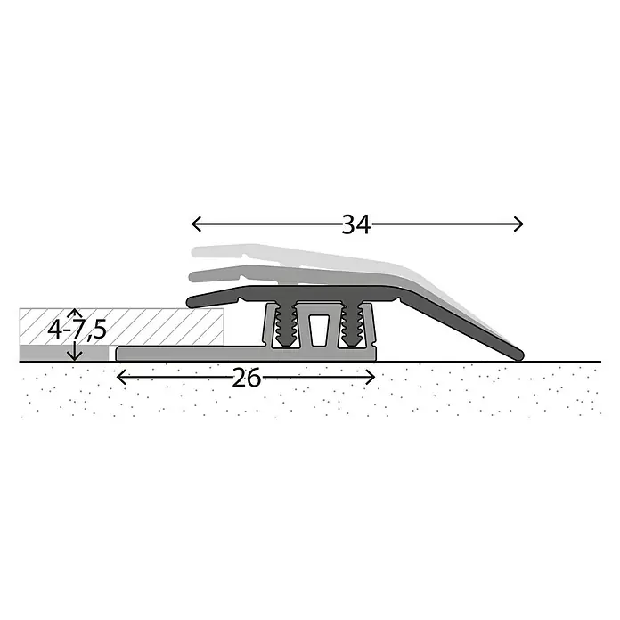LOGOCLIC Anpassprofil 323 - Edelstahl matt, 0,9 m x 34 mm, Montageart: Stecken - Übergangsprofil mit Maßen. Das Profil hat eine Höhe von 4-7,5 mm und eine Breite von 34 mm. Es ist für den Einsatz im Innenbereich geeignet.