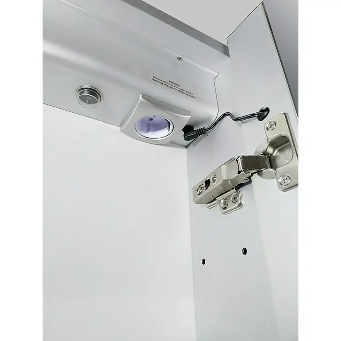 DSK LED-Spiegelschrank Aluminio Sun - B x H: 80 x 70 cm, Aluminium, Silber - Nahaufnahme einer Innenraumleuchte in einem Schrank mit Schalter und Kabel.