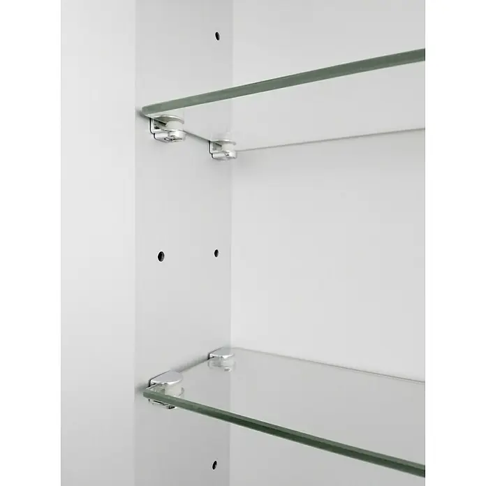 DSK LED-Spiegelschrank Aluminio Sun - B x H: 80 x 70 cm, Aluminium, Silber - Innenansicht eines weißen Schranks mit Glasböden und silbernen Halterungen, die für ein sauberes und modernes Aussehen sorgen.