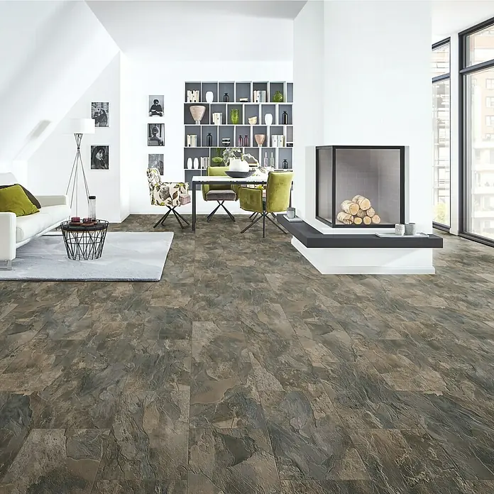 LOGOCLIC Laminatmuster Ceramico Silent - 297 x 195 x 1 mm, Fliesenoptik - Elegantes Interieur mit dunklem Vinylboden in Steinoptik, der dem Raum einen modernen und stilvollen Touch verleiht.