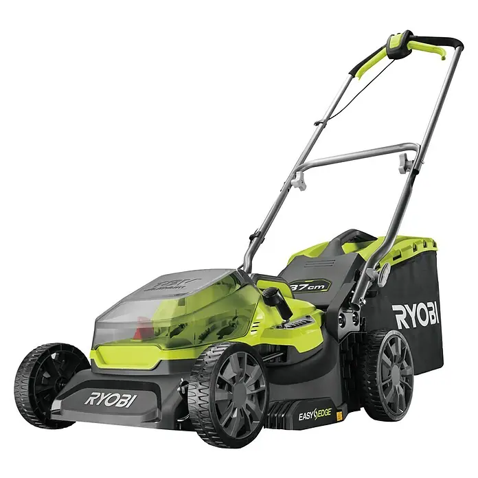 Ryobi ONE+ Akku-Rasenmäher RY18LM37A-240 - 18 V, 2 Akkus, 4 Ah, Schnittbreite: 37 cm - Ein grüner und grauer Ryobi Akku-Rasenmäher mit Grasfangkorb, der für einfache Rasenpflege und kabellose Freiheit konzipiert wurde.