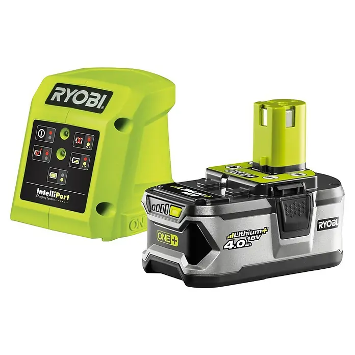 Ryobi ONE+ Akku-Rasenmäher RY18LM37A-240 - 18 V, 2 Akkus, 4 Ah, Schnittbreite: 37 cm - Ryobi IntelliPort Ladegerät und ONE+ 18V 4,0 Ah Lithium+ Akku. Ideal für Heimwerker- und Gartenprojekte.