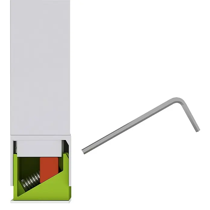 Easy Life easyHold Insektenschutz-Fensterrollo - B x H: 160 x 170 cm, Montage Insektengitter: Klemmen, Farbe Rahmen: Weiß - Eine Nahaufnahme eines Klemmblocks mit einem Inbusschlüssel daneben, was die Installation oder Anpassung des Produkts erleichtert.