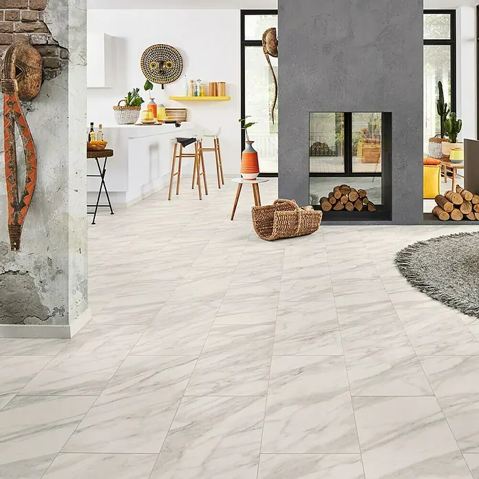 LOGOCLIC Laminatmuster Ceramico Amelia - 297 x 195 x 1 mm, Fliesenoptik - Helle, großformatige Bodenfliesen mit Marmoroptik. Das dezente Design sorgt für einen eleganten und modernen Look im ganzen Raum.