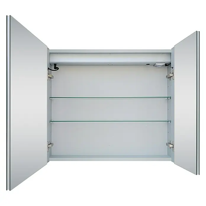 DSK LED-Spiegelschrank Aluminio Sun - B x H: 80 x 70 cm, Aluminium, Silber - Ein offener Spiegelschrank mit zwei Glasböden und einer Lampe an der Oberseite, ideal für das Badezimmer.