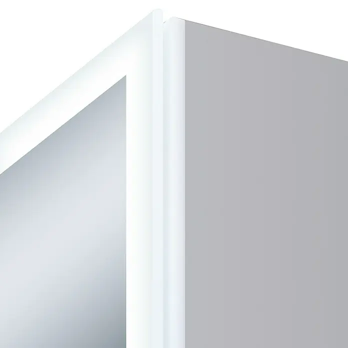 DSK LED-Spiegelschrank Aluminio Star - B x H: 80 x 70 cm, Silber - Nahaufnahme eines modernen, weißen Eckschranks, der die klaren Linien und die minimalistische Ästhetik hervorhebt.