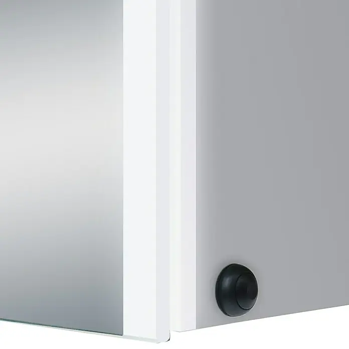 DSK LED-Spiegelschrank Aluminio Star - B x H: 80 x 70 cm, Silber - Detailaufnahme eines weißen Schranks mit einem schwarzen Knopf.