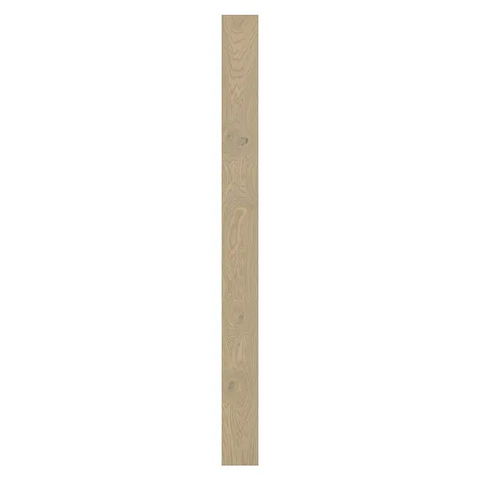 Living by Haro Parkett - Eiche Grey strukturiert Naturöl, Landhausdiele, 2.200 x 180 x 12 mm - Nahaufnahme eines einzelnen, hellbraunen Holzpaneels mit sichtbarer Maserung und Astlöchern, ideal für Bodenbeläge oder Wandverkleidungen.