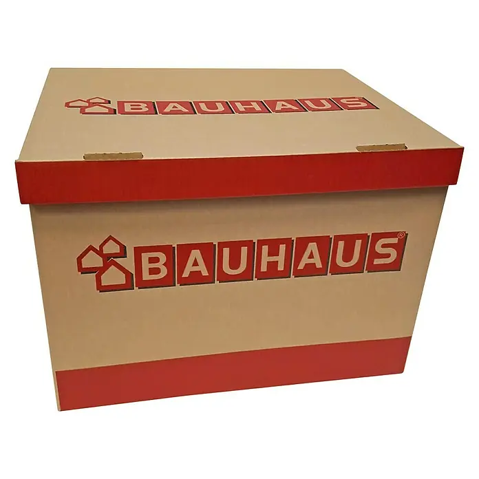 BAUHAUS Caja para archivadores - L x An x Al: 397 x 320 x 288 mm, Plástico, 2 ud. - Una caja de almacenamiento Bauhaus marrón con letras rojas y un borde rojo, ideal para el almacenamiento.