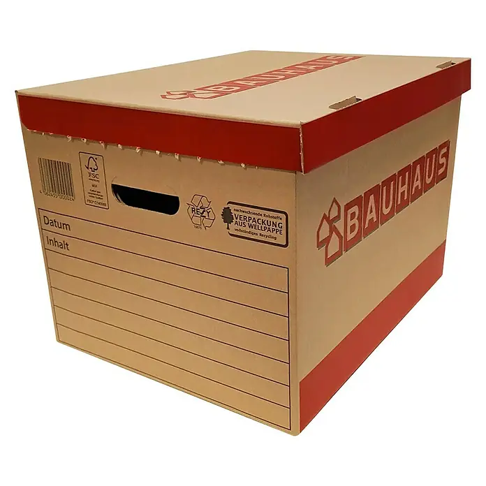 BAUHAUS Caja para archivadores - L x An x Al: 397 x 320 x 288 mm, Plástico, 2 ud. - Caja de cartón con tapa roja y logotipo de Bauhaus, etiquetas para fecha/contenido, símbolos para reciclaje y silvicultura responsable.