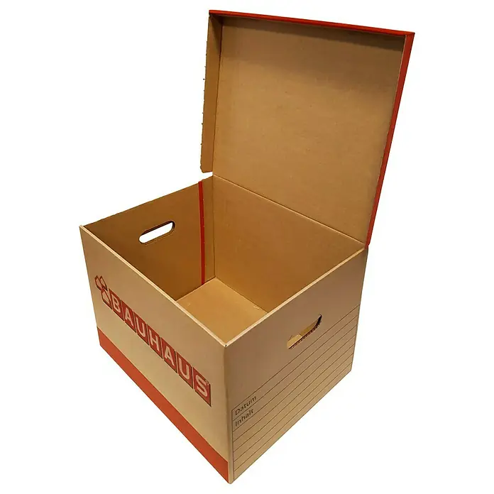 BAUHAUS Caja para archivadores - L x An x Al: 397 x 320 x 288 mm, Plástico, 2 ud. - Caja de archivo abierta de Bauhaus con borde rojo y asas, perfecta para almacenar documentos y carpetas en la oficina o en casa.