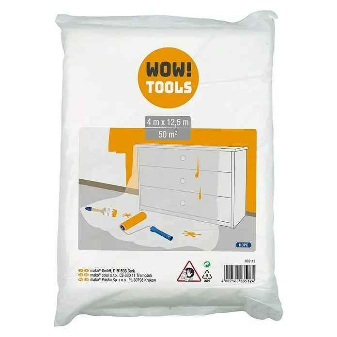 Abdeckfolie - L x B: 12,5 x 4 m, 50 m² - Eine WOW! TOOLS Abdeckplane (4 m x 12,5 m) zum Schutz vor Farbe und Schmutz bei Renovierungsarbeiten.