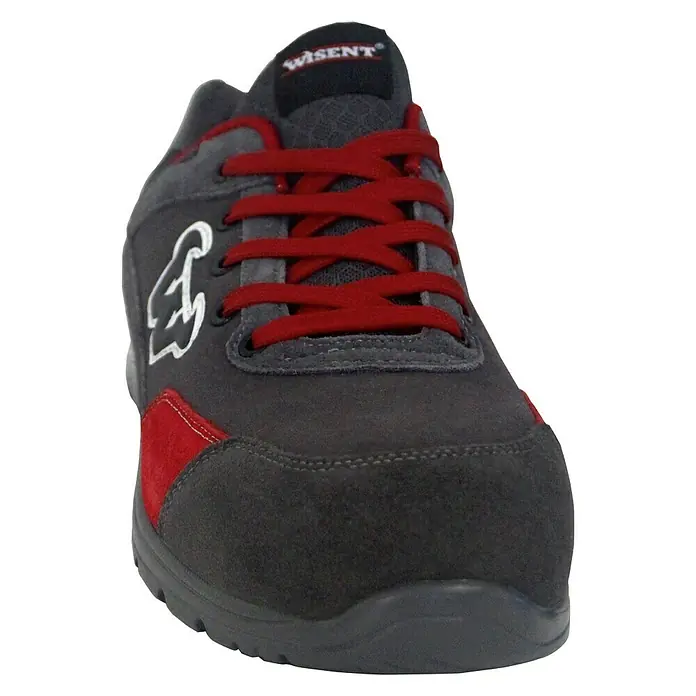 Wisent Zapato bajo de seguridad - 41, Clase de protección según EN ISO 20345: S3, Rojo - Esta imagen muestra un zapato de trabajo gris Wisent con detalles y cordones rojos, ideal para uso profesional.