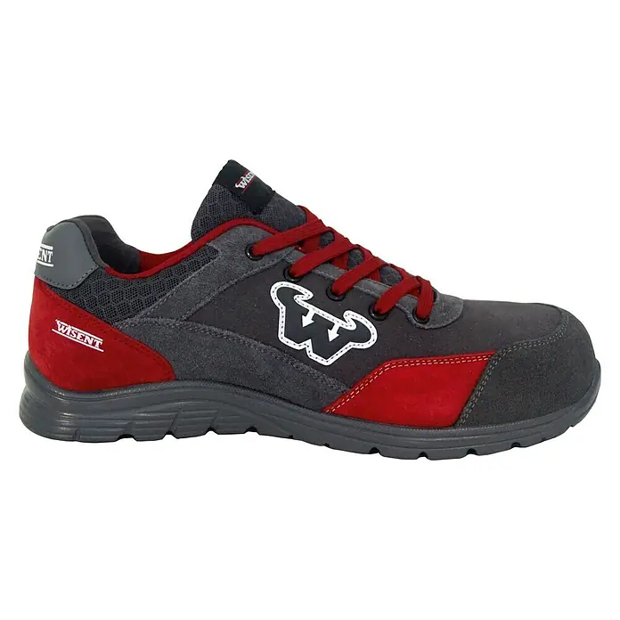 Wisent Zapato bajo de seguridad - 41, Clase de protección según EN ISO 20345: S3, Rojo - Un zapato de seguridad Wisent gris con detalles rojos y el logotipo de Wisent.