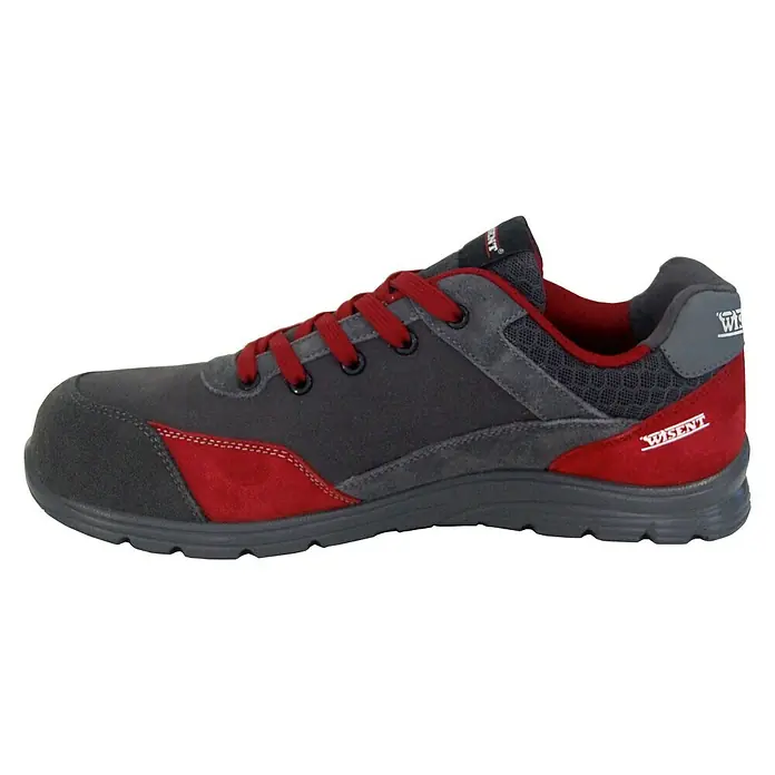 Wisent Zapato bajo de seguridad - 41, Clase de protección según EN ISO 20345: S3, Rojo - Un zapato de seguridad Wisent gris con detalles rojos y cordones. Protección óptima en el trabajo.