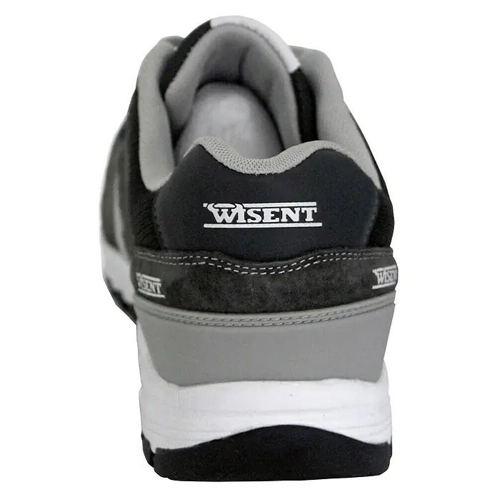 Wisent Zapato bajo de seguridad - 42, Clase de protección según EN ISO 20345: S3, Gris Charcoal - Vista posterior de una zapatilla Wisent gris y negra con suela blanca y forro gris.