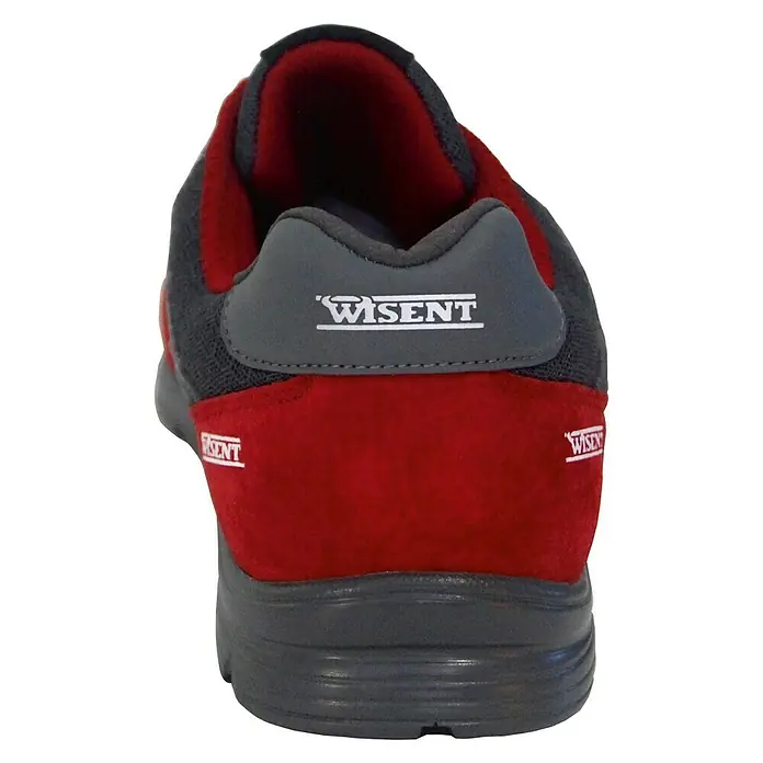 Wisent Zapato bajo de seguridad - 41, Clase de protección según EN ISO 20345: S3, Rojo - Vista trasera de unas zapatillas Wisent de color gris oscuro y rojo con almohadilla de talón gris y logotipo Wisent.