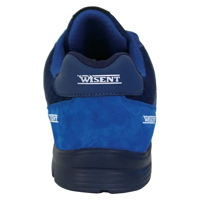 Wisent Zapato bajo de seguridad - 36, Clase de protección según EN ISO 20345: S3, Azul - Vista posterior de una zapatilla de running azul Wisent con detalles de ante y un cuello acolchado, que ofrece comodidad y estilo para actividades deportivas.