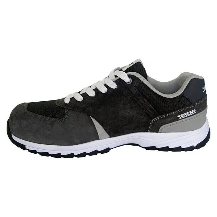 Wisent Zapato bajo de seguridad - 42, Clase de protección según EN ISO 20345: S3, Gris Charcoal - La imagen muestra un zapato de seguridad gris Wisent con suela y cordones blancos, ideal para la seguridad laboral.