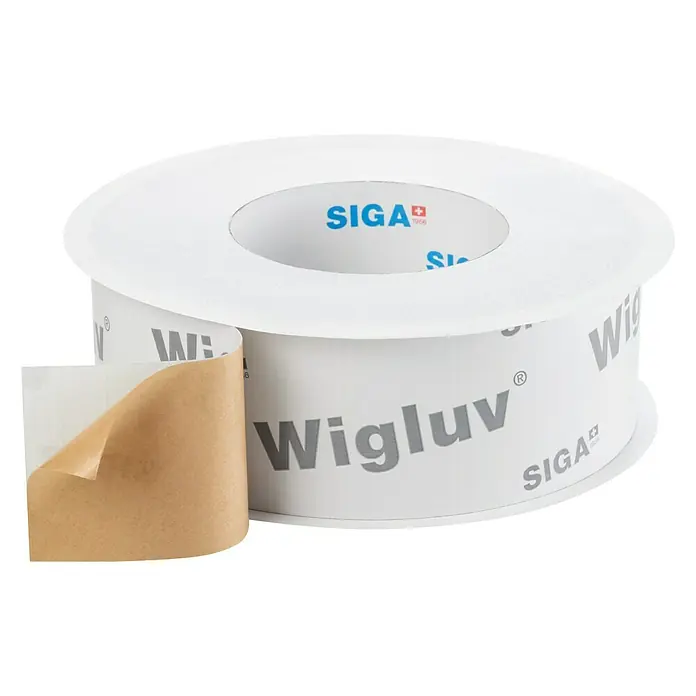 Siga Klebeband Wigluv 60 - 40 m x 60 mm, Kunststoff - Eine Rolle SIGA Wigluv Klebeband, ein hochwertiges Dichtungsband für Bauanwendungen, mit abgezogenem Schutzpapier.