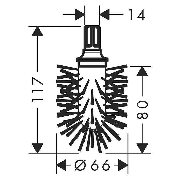 Hansgrohe Logis Ersatzbürstenkopf - Ohne Griff, Weiß - Produktdiagramm einer WC-Bürste mit den Maßen 117mm Höhe, 66mm Durchmesser und 14mm Griffbreite.