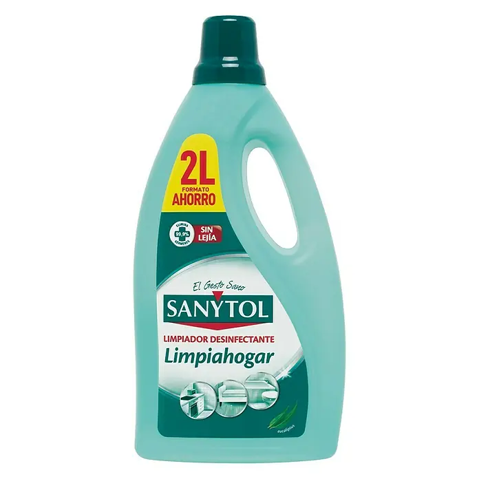 Sanytol Limpiador de superficies y desinfectante - 2.000 ml, Botella - Una botella de 2L de SANYTOL Limpiahogar limpiador desinfectante, ideal para la limpieza higiénica en toda la casa, con aroma de eucalipto y sin lejía.