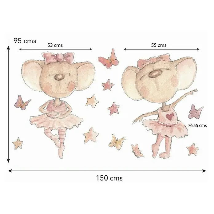 Vinilo de pared Bailando con Mariposas - Marrón, Plástico - Adhesivo de pared con dos ratones bailando, mariposas y estrellas, ideal para decorar habitaciones infantiles.