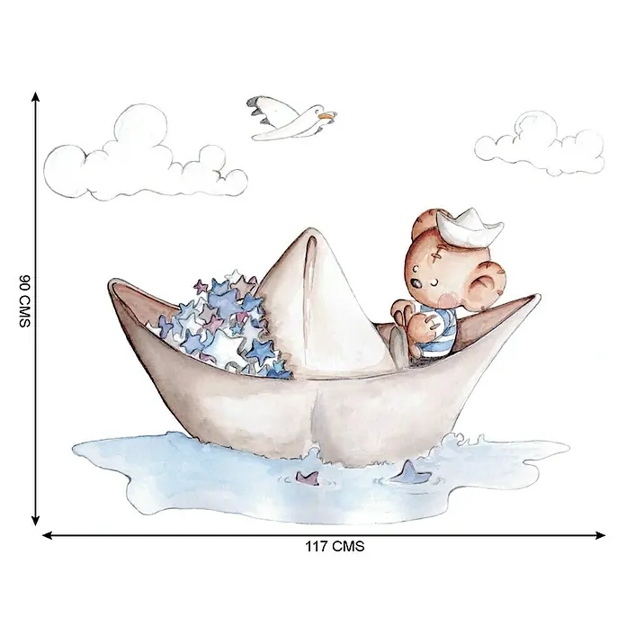 Vinilo de pared Barquito de Papel - Marrón/Azul, Plástico - Ilustración de un oso de peluche en un barco de papel con estrellas, nubes y una gaviota, ideal para decoración de habitaciones infantiles.