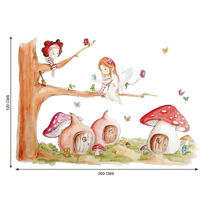 Vinilo de pared Bosque Encantado - Marrón, Plástico - Linda imagen de acuarela de una casa de hadas debajo de un árbol con mariposas y hadas con dimensiones para facilitar el dimensionamiento.