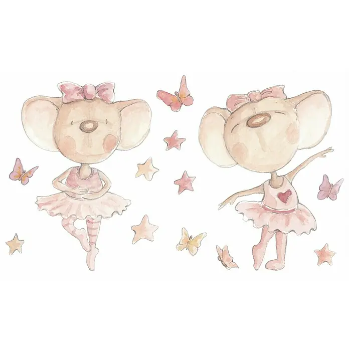 Vinilo de pared Bailando con Mariposas - Marrón, Plástico - Dos adorables ratones bailarinas, rodeados de mariposas y estrellas, bailan con gracia en delicados tutús rosas.